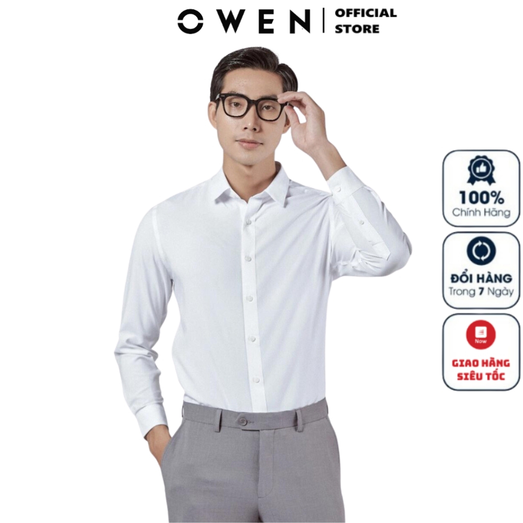 Áo sơ mi trắng dài tay nam OWEN AS230318D Somi trơn màu công sở vải nano cao cấp mềm mát dáng slim fit tà lượn không túi