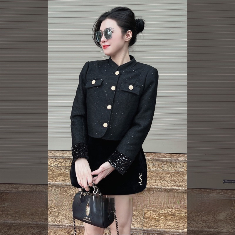 Chân váy nhung A đính tag yslll