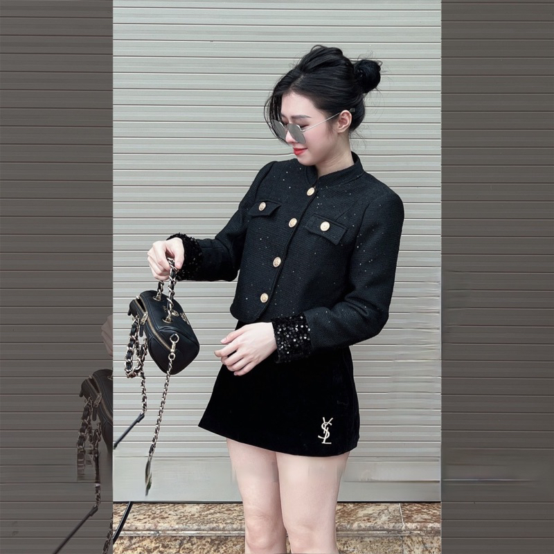 Chân váy nhung A đính tag yslll