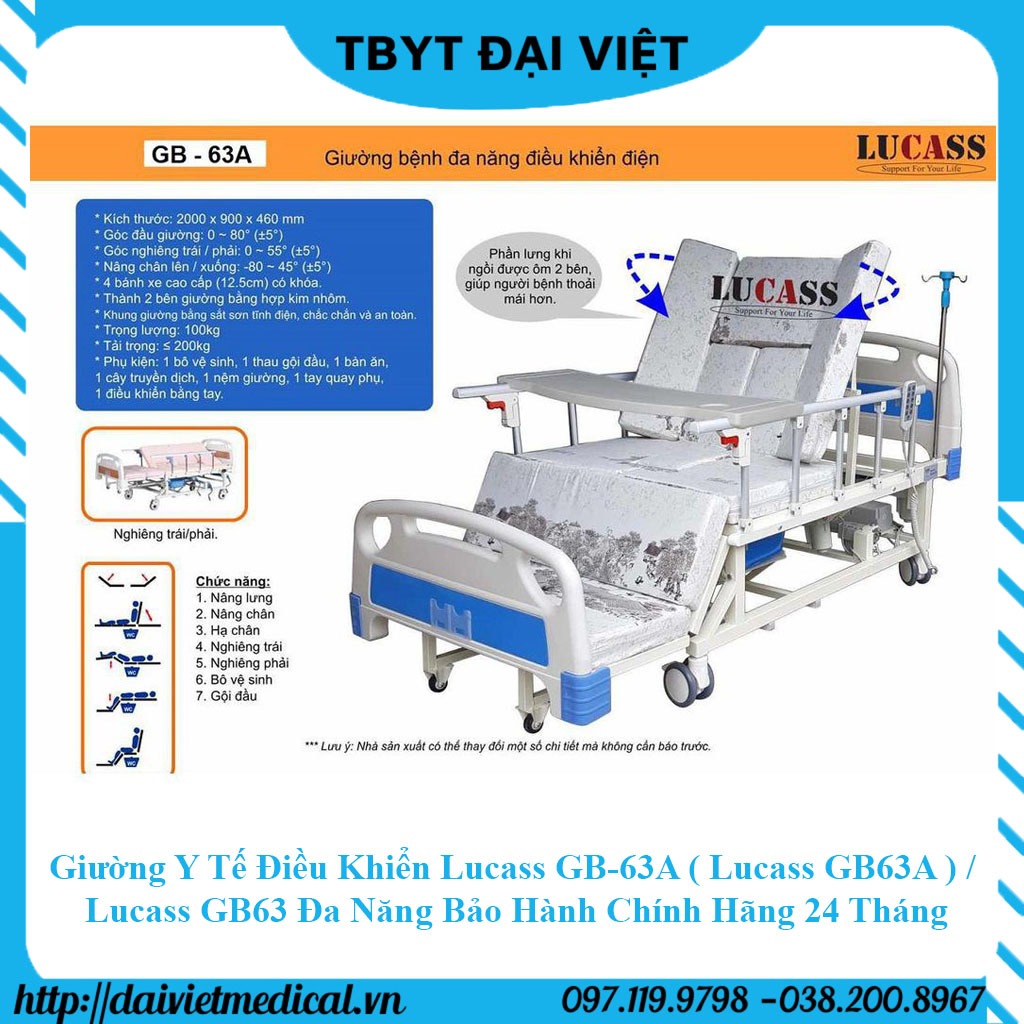 Giường Y Tế Điều Khiển Lucass GB-63A ( Lucass GB63A ) / Lucass GB63 Đa Năng Bảo Hành Chính Hãng 24 Tháng