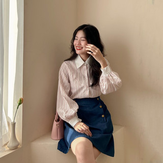 Áo sơ mi nữ dài tay kẻ phối cổ trắng tay bồng
