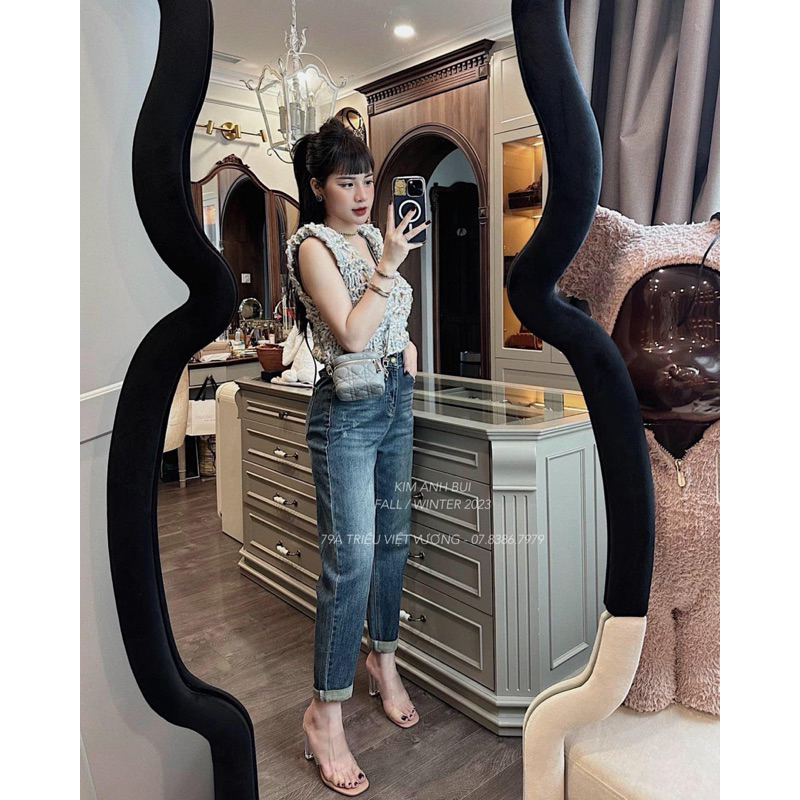 QUẦN BAGGY JEANS NỮ LƯNG CAO XƯỚC RÁCH THÊU TÚI #1250