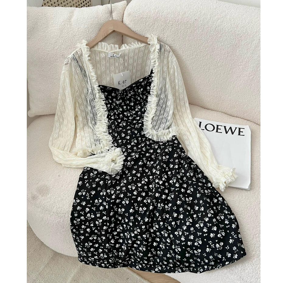 Set ELLY Váy 2 Dây Hoa Kèm Áo Cardigan - Titto Closet
