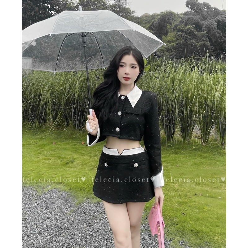 Set tweed đen phối tacta trắng