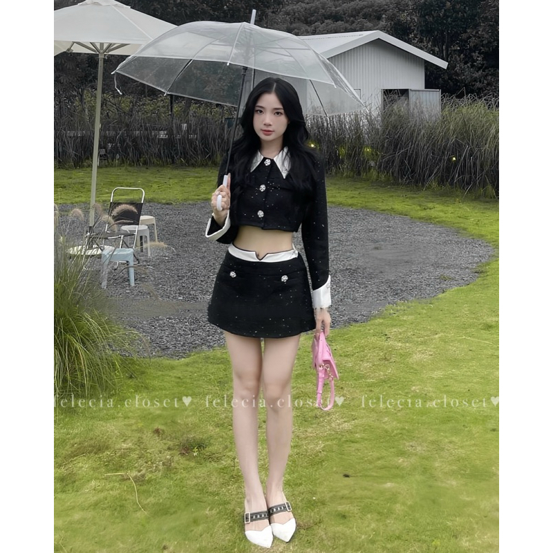 Set tweed đen phối tacta trắng