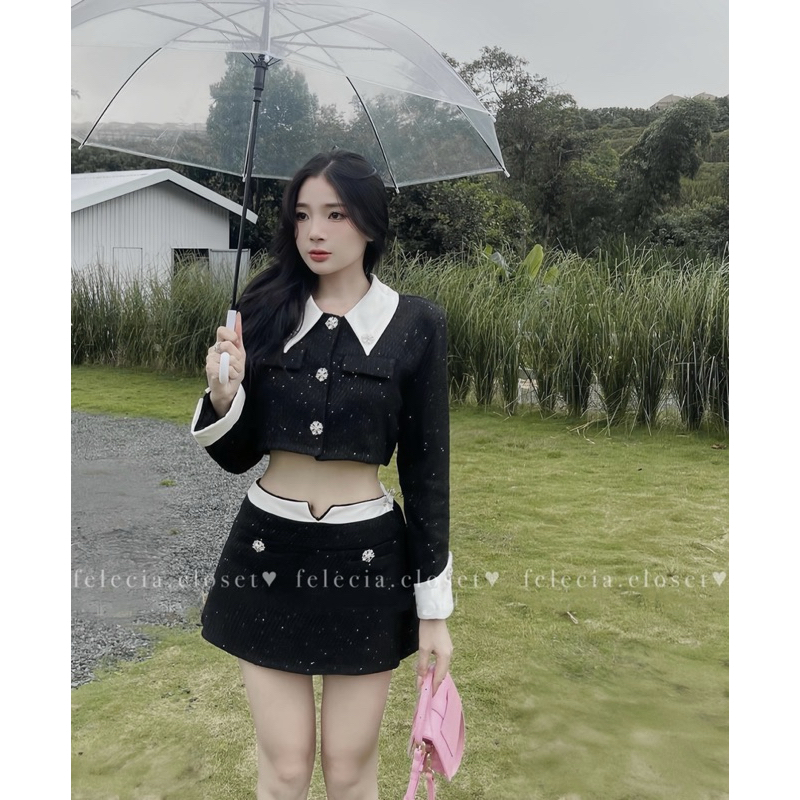 Set tweed đen phối tacta trắng