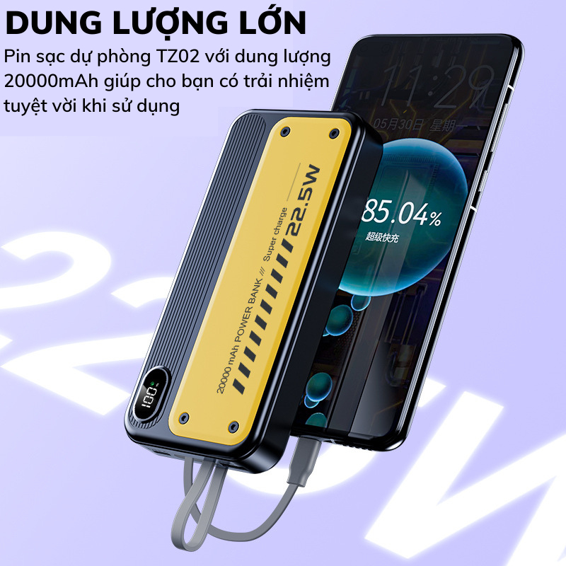 Sạc Dự Phòng 20000mah TZ02 Chính hãng Techzone Tích hợp sạc nhanh 20W PD Sạc Không Nóng Máy Bảo Hành 6 Tháng TECHHIGH