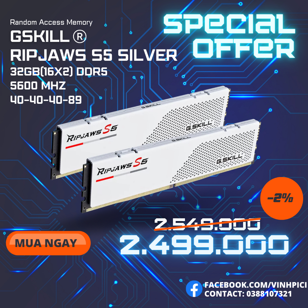 Ram G.SKILL RIPJAWS S5 SILVER 32GB 5600MHz DDR5 (16GBx2) F5-5600J4040C16GX2-RS5W [NEW]