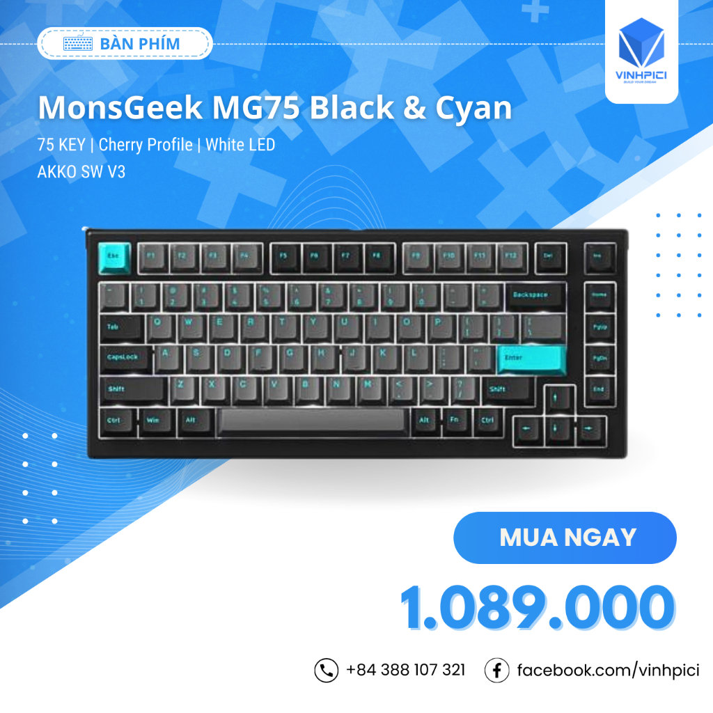 Bàn phím MonsGeek MG75 Black & Cyan (White LED / AKKO sw v3) [NEW]