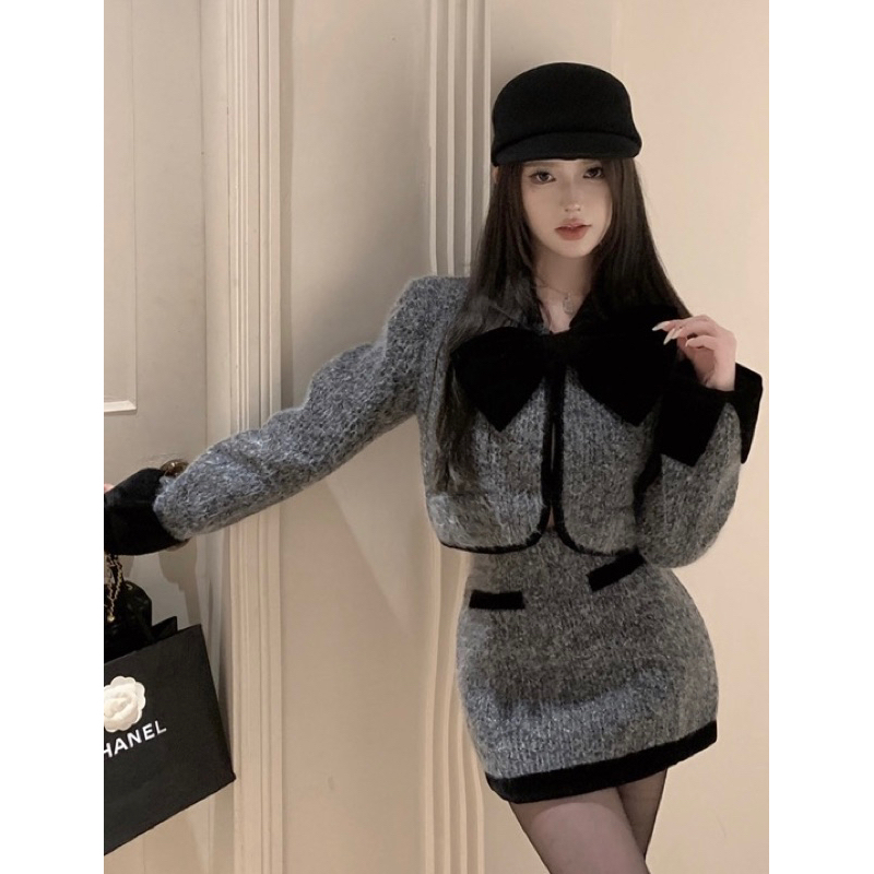 Set áo khoác dạ bông croptop phối nơ màu xám cổ tay áo nhung đen YIMI kèm chân ngắn chữ A tiểu thư u