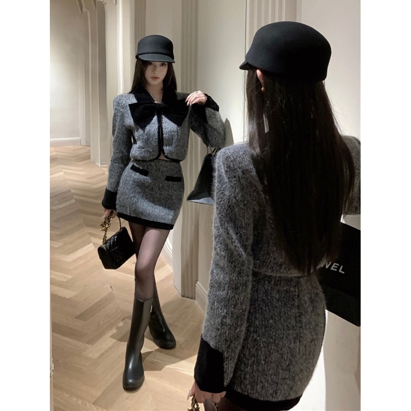 Set áo khoác dạ bông croptop phối nơ màu xám cổ tay áo nhung đen YIMI kèm chân ngắn chữ A tiểu thư u