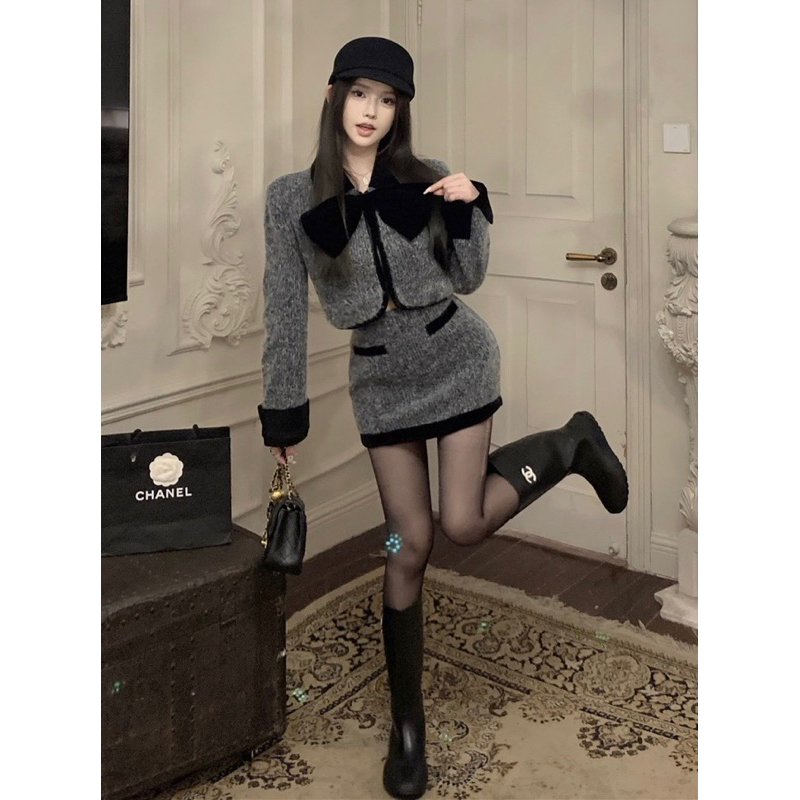 Set áo khoác dạ bông croptop phối nơ màu xám cổ tay áo nhung đen YIMI kèm chân ngắn chữ A tiểu thư u