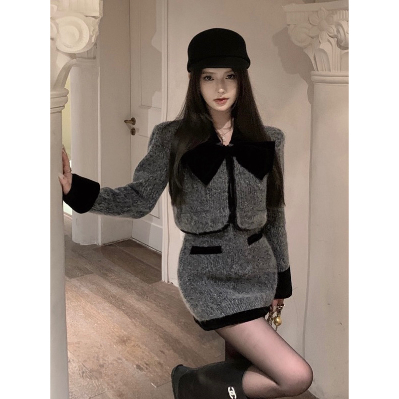 Set áo khoác dạ bông croptop phối nơ màu xám cổ tay áo nhung đen YIMI kèm chân ngắn chữ A tiểu thư u