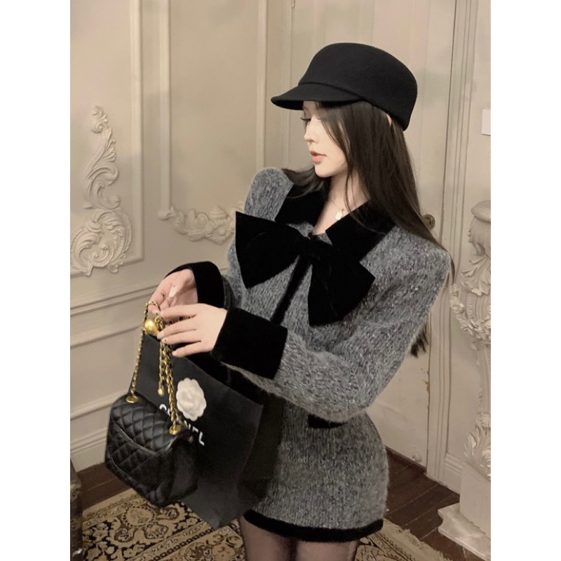 Set áo khoác dạ bông croptop phối nơ màu xám cổ tay áo nhung đen YIMI kèm chân ngắn chữ A tiểu thư u