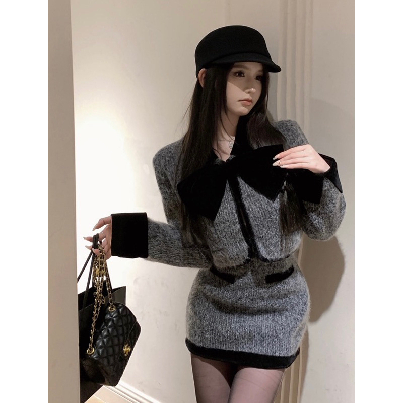 Set áo khoác dạ bông croptop phối nơ màu xám cổ tay áo nhung đen YIMI kèm chân ngắn chữ A tiểu thư u