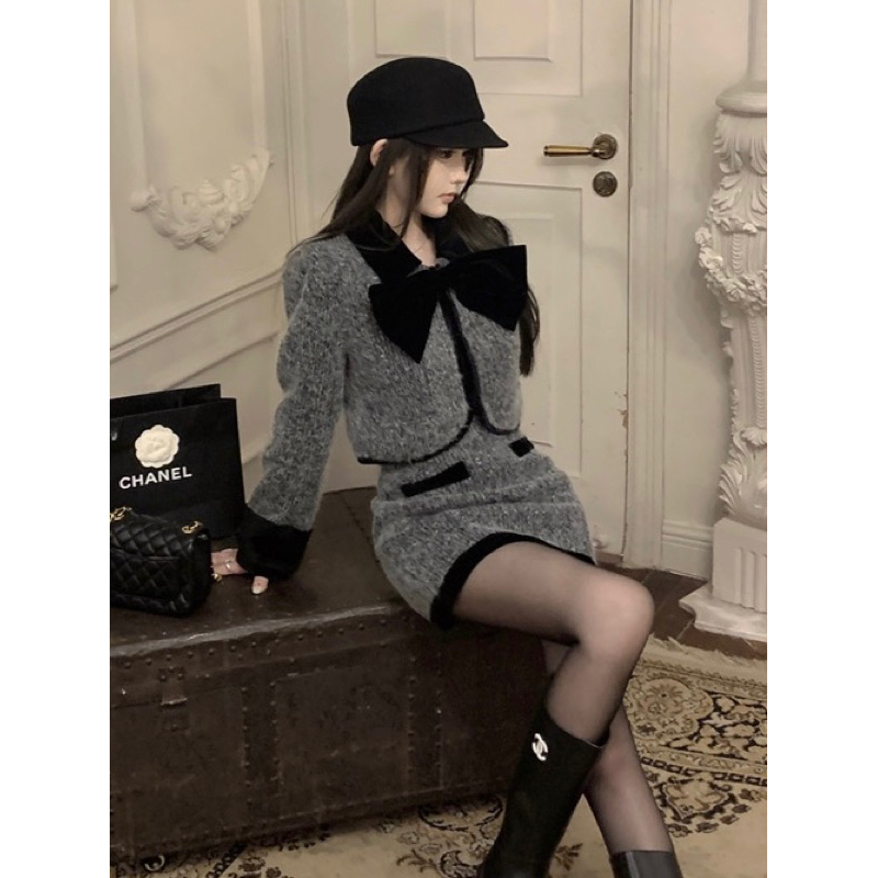 Set áo khoác dạ bông croptop phối nơ màu xám cổ tay áo nhung đen YIMI kèm chân ngắn chữ A tiểu thư u