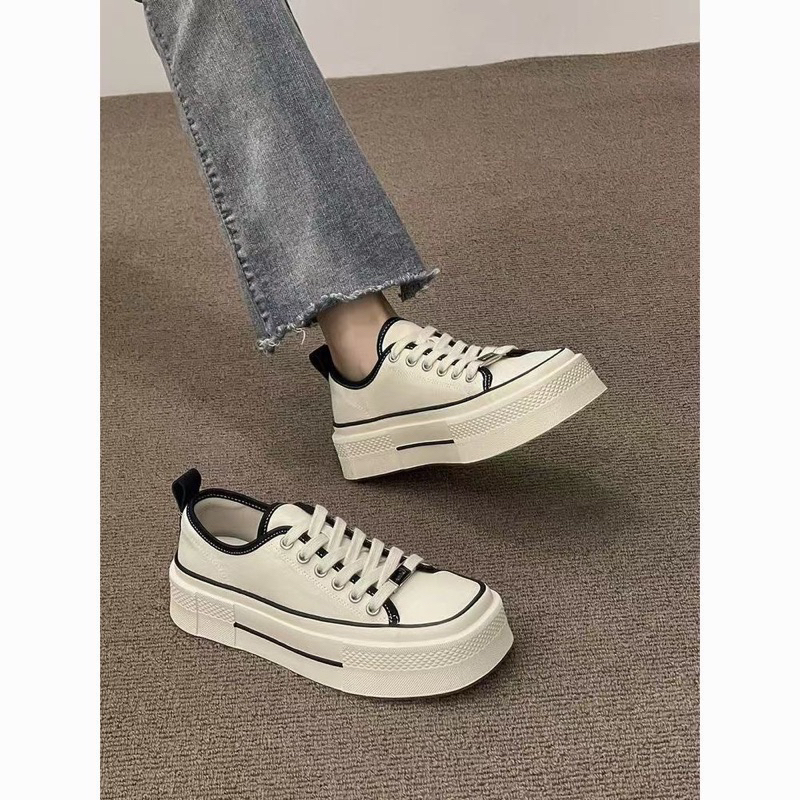 Giày Vải Canvas Mũi vuông Đế Dày Phong Cách Hàn Quốc