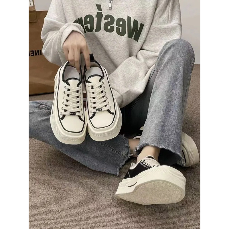 Giày Vải Canvas Mũi vuông Đế Dày Phong Cách Hàn Quốc