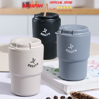 Cốc uống cafe, uống nước 2 lớp kèm nắp xoay có lỗ cắm ống hút 320ml Yamada hàng nội địa Nhật AD67