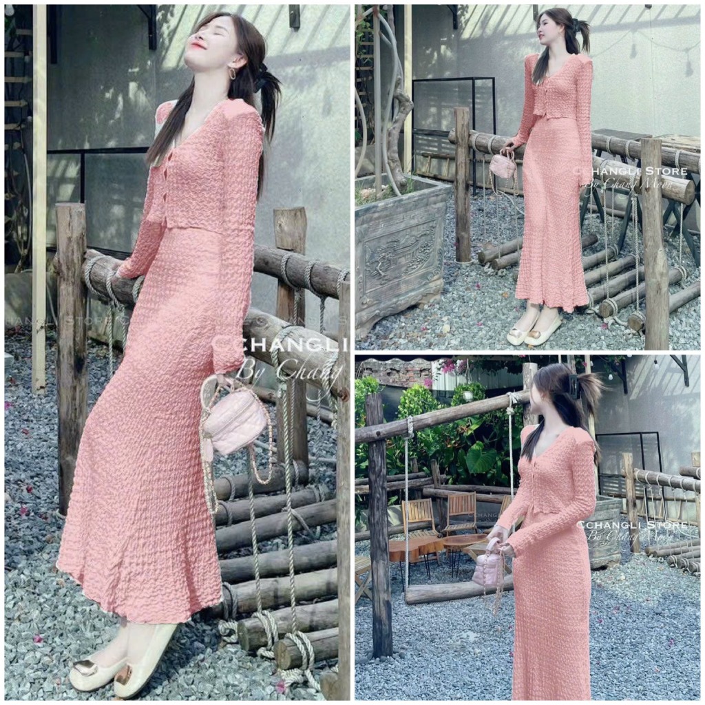 Sét váy áo croptop tay dài mix chân váy suông dài với tone màu tiêu thư dành cho các nàng đi chơi xinh