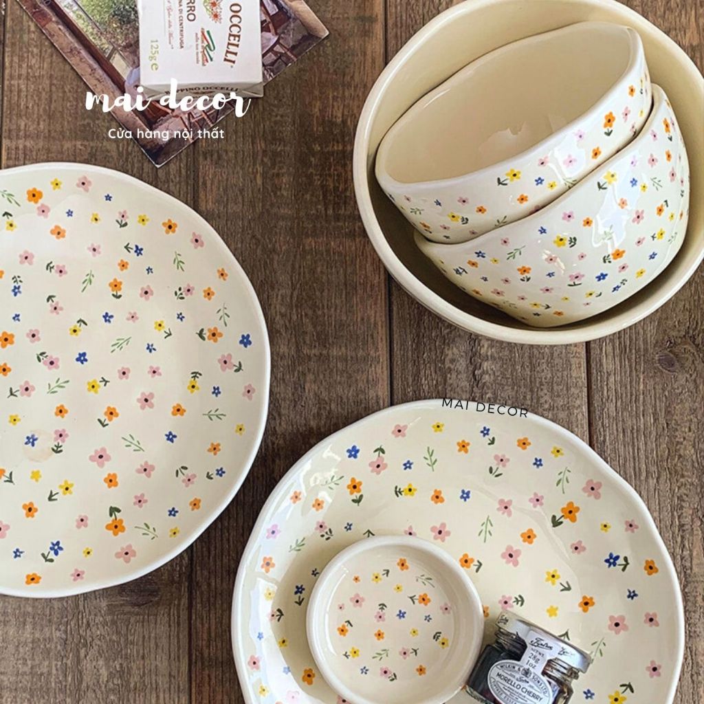 Set bát đĩa hoa nhí Claria màu pastel dễ thương, đủ bộ 4 món tô dĩa chén cơ bản cho gia đình
