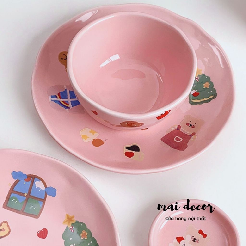 Set bát đĩa gấu hồng Mirabelle dễ thương, đủ bộ 4 món tô dĩa chén cơ bản cho gia đình