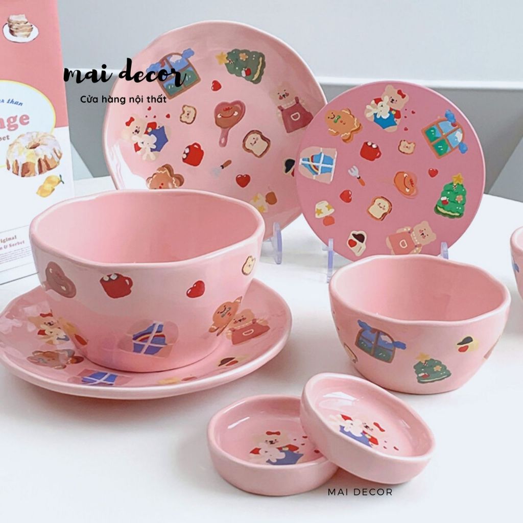 Set bát đĩa gấu hồng Mirabelle dễ thương, đủ bộ 4 món tô dĩa chén cơ bản cho gia đình