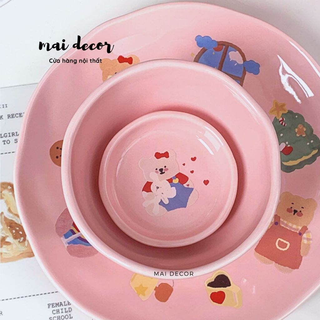 Set bát đĩa gấu hồng Mirabelle dễ thương, đủ bộ 4 món tô dĩa chén cơ bản cho gia đình