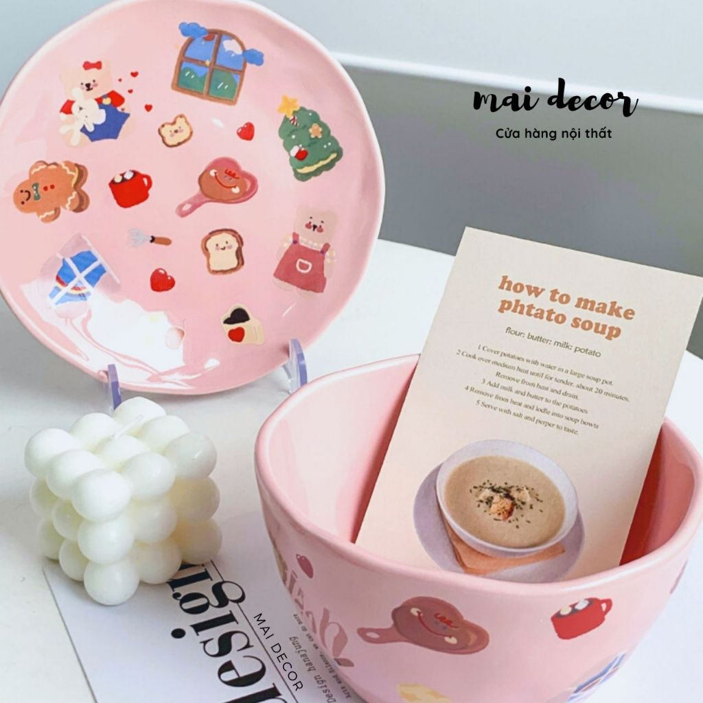 Set bát đĩa gấu hồng Mirabelle dễ thương, đủ bộ 4 món tô dĩa chén cơ bản cho gia đình