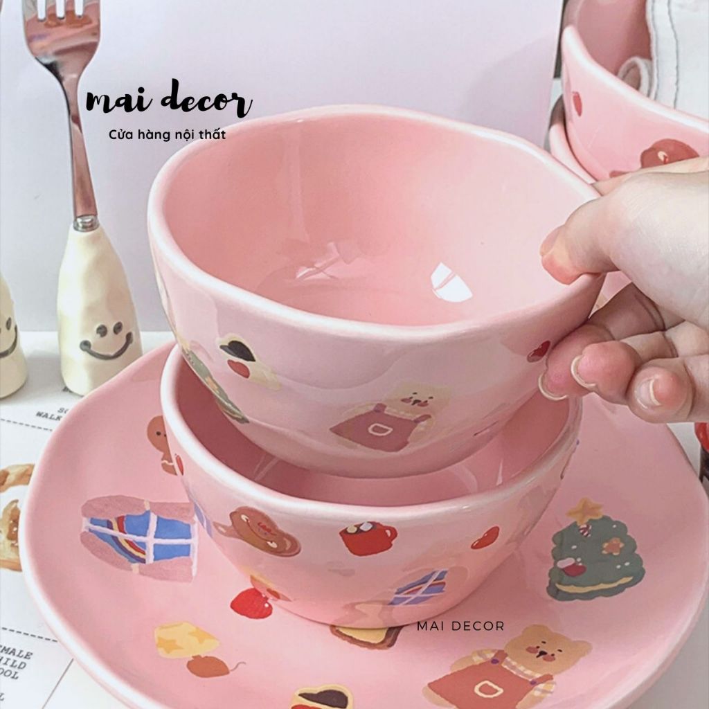 Set bát đĩa gấu hồng Mirabelle dễ thương, đủ bộ 4 món tô dĩa chén cơ bản cho gia đình