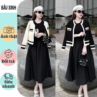 [V486] SET ĐẦM VAY THỜI TRANG CÔNG SỞ DỰ TIỆC MÙA THU ĐÔNG-ĐẦM BẦU BABY DOLL GỒM VÁY KÈM ÁO KHOÁC LEN DÀY DẶN FRESIZE