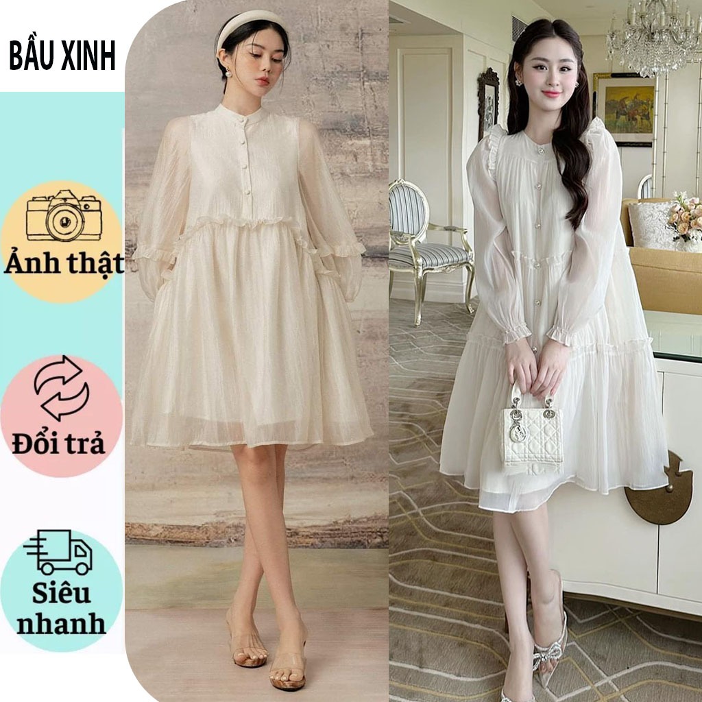 VÁY ĐẦM TIỂU THƯ SANG CHẢNH MẶC ĐI TIỆC MÙA CƯỚI, CÔNG SỞ-ĐẦM BẦU BABYDOLL DÁNG SUÔNG VOAN TƠ 2 LỚP CỰC XINH