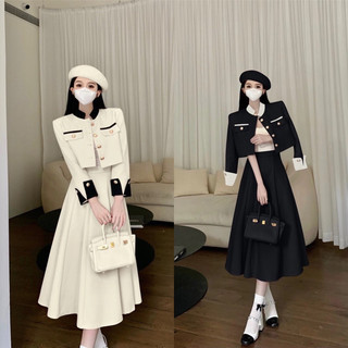   327  Set Nhung Lỳ Dáng Dài Áo Khoác Cổ Tàu Mix Chân Váy Xoè Có Ảnh Thật 