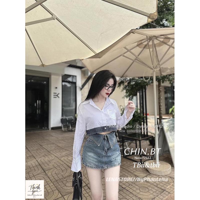 Áo sơ mi trắng croptop dài tay phối gấu bò cho nữ T