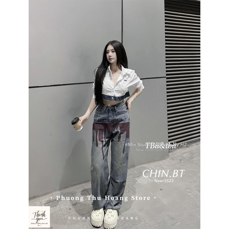 Áo sơ mi trắng croptop dài tay phối gấu bò cho nữ T