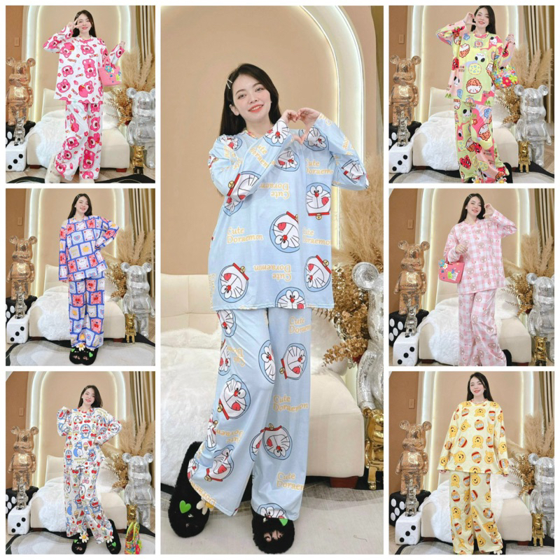 bộ mặc nhà tay dài quần dài chất thun lạnh hoạt hình