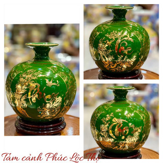 Bình hút tài lộc men màu, vẽ vàng kim tam cảnh”Phúc- Lộc- Thọ” sản phẩm vẽ kỹ thủ công. Gốm sứ Bát Tràng.