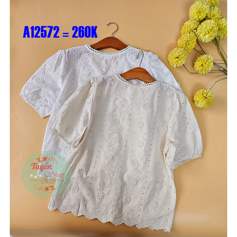 Áo sơ mi xô ren nổi cổ V tay ngắn