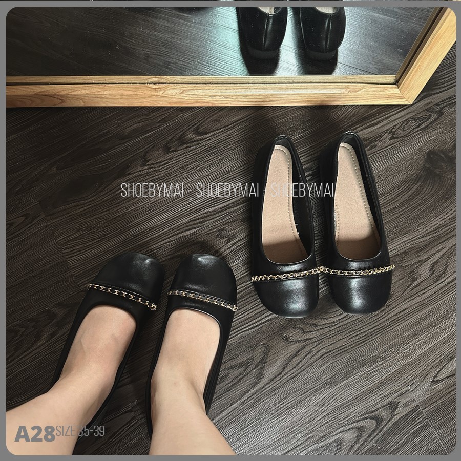 Giày búp bê viền xích da mềm A28