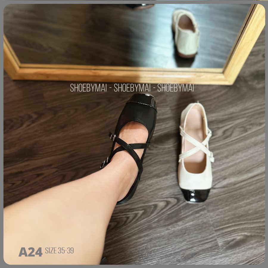 Giày búp bê pha mõm đen trắng da lì mềm A24