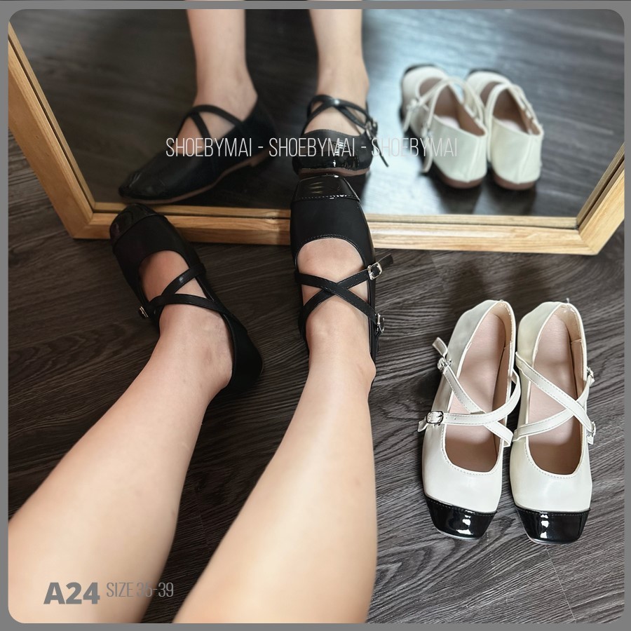 Giày búp bê pha mõm đen trắng da lì mềm A24