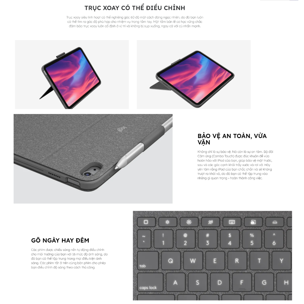 Bao da bàn phím Logitech Combo Touch iPad Gen 10  - Tháo rời Trackpad, chiếu sáng nền - Bảo hành 1 năm