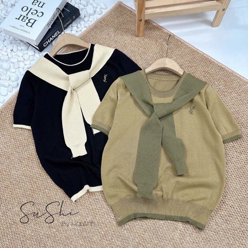 Áo len khăn cổ tròn tay cộc kèm tag hàng quảng châu siêu đẹp A295