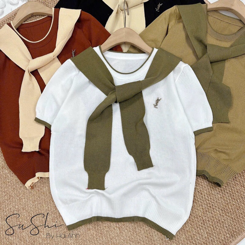 Áo len khăn cổ tròn tay cộc kèm tag hàng quảng châu siêu đẹp A295