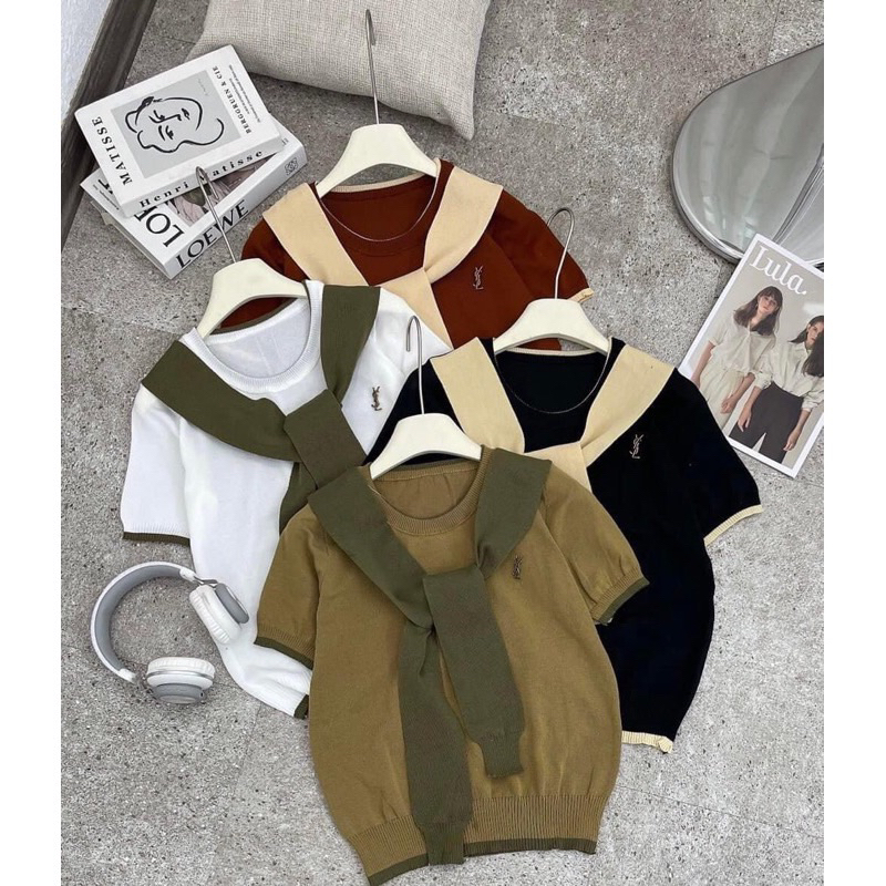 Áo len khăn cổ tròn tay cộc kèm tag hàng quảng châu siêu đẹp A295