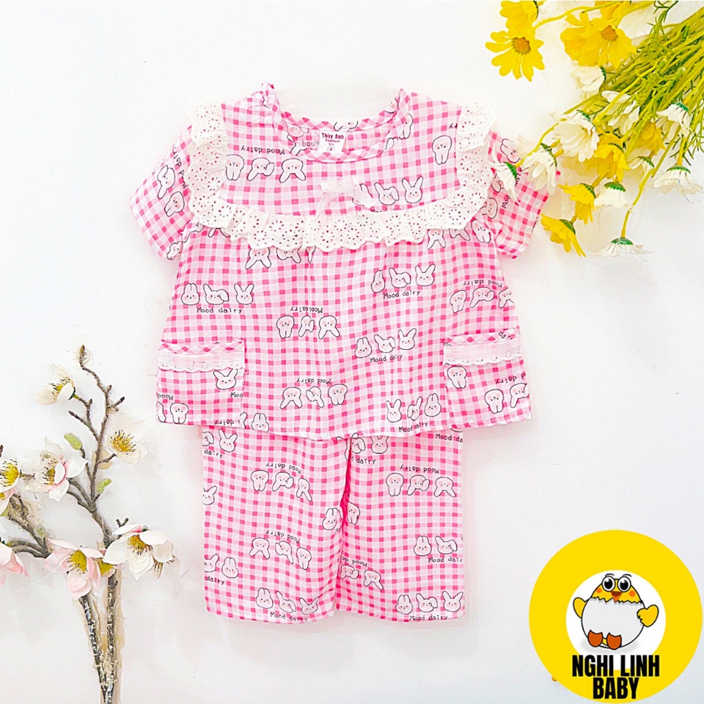 Đồ em bé gái vải tole lanh, tay ngắn quần dài mặc nhà size 9-36kg - Nghi Linh Baby