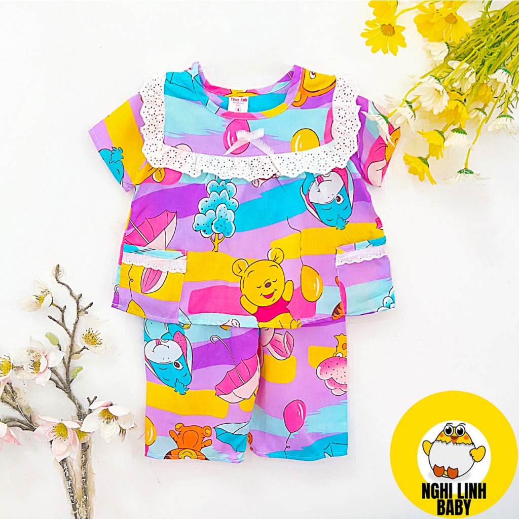 Đồ em bé gái vải tole lanh, tay ngắn quần dài mặc nhà size 9-36kg - Nghi Linh Baby