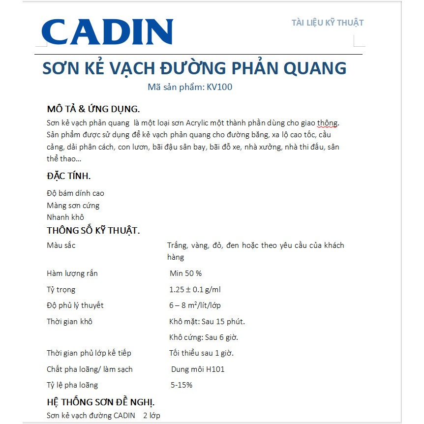 SƠN KẺ VẠCH PHẢN QUANG CADIN KV100  - MÀU ĐEN,ĐỎ,TRẮNG,VÀNG