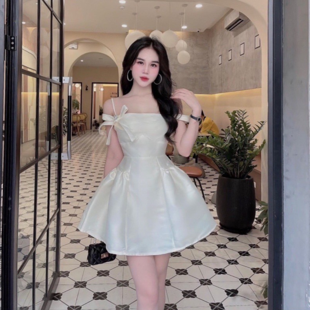 Váy dự tiệc tafta hai dây rớt vai đính nơ, váy dự tiệc sang chảnh nữ tính | BigBuy360 - bigbuy360.vn