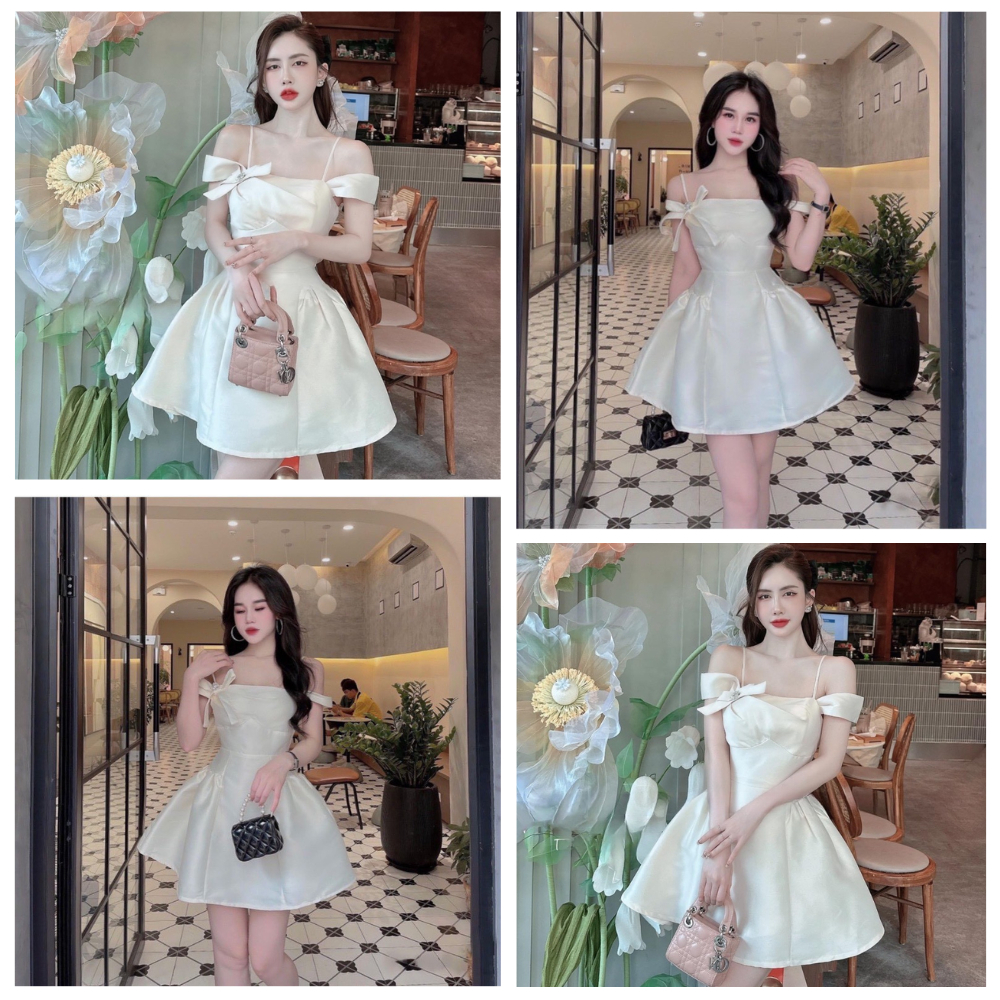 Váy dự tiệc tafta hai dây rớt vai đính nơ, váy dự tiệc sang chảnh nữ tính | BigBuy360 - bigbuy360.vn